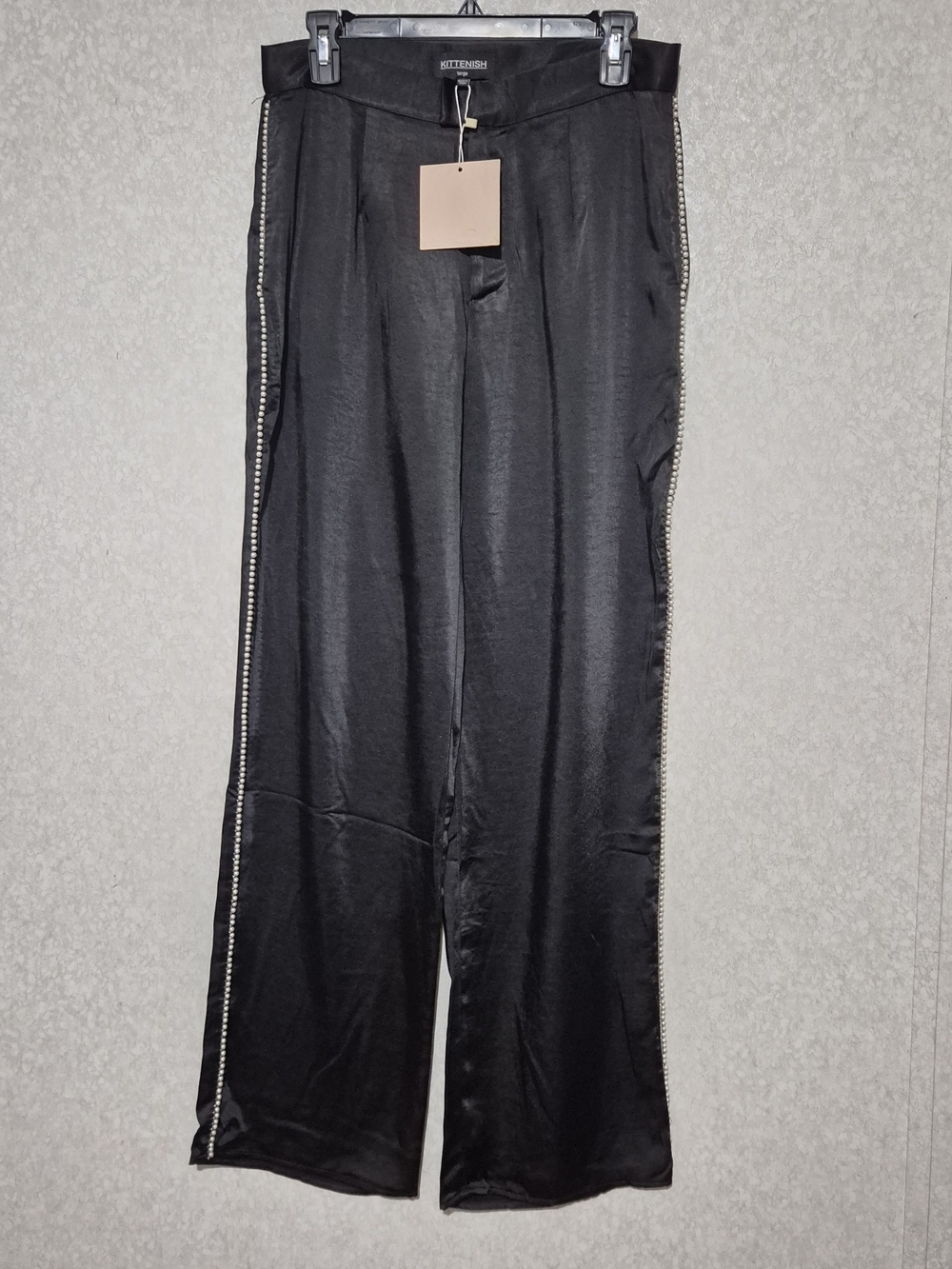 NWT Kittenish Black Wide-Leg Trousers with Pearls Side Trim-Size:L